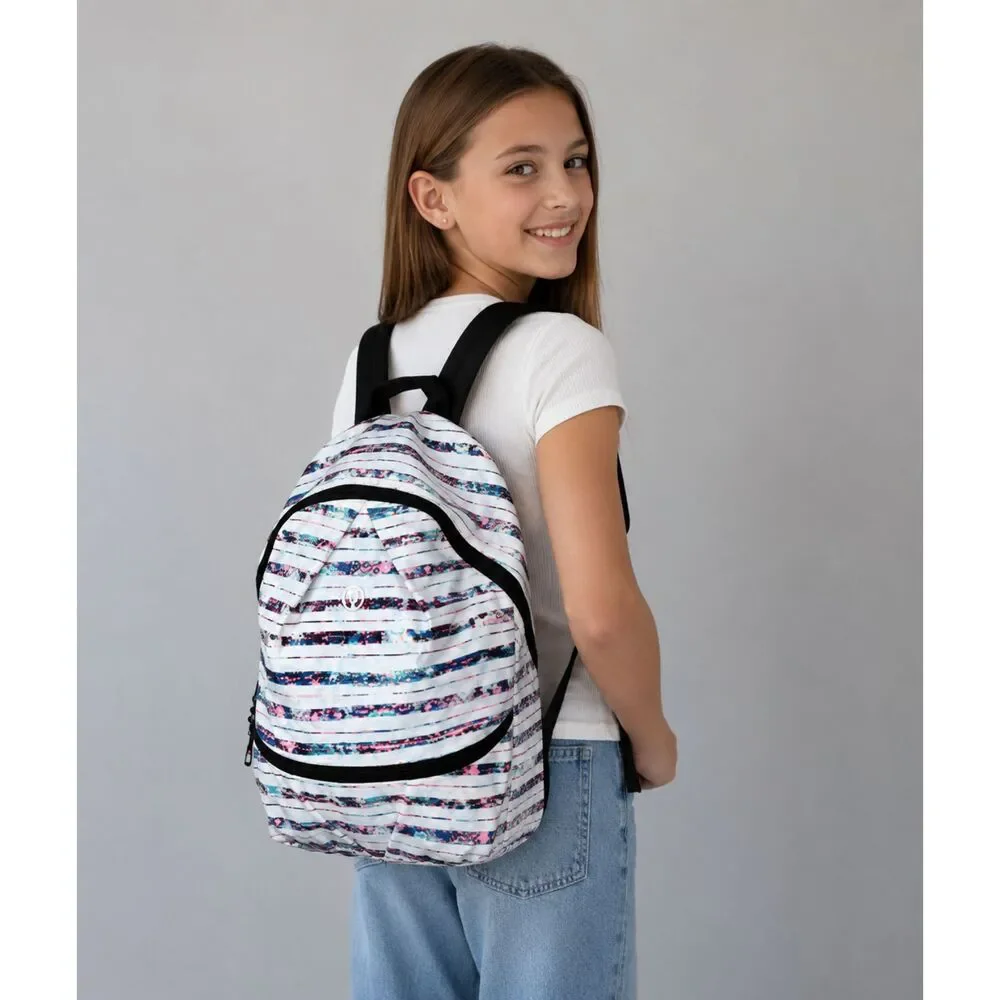 Ivivva by Lululemon Girl's Active Small Backpack Multi Stripe Bottom Shoe Pocket